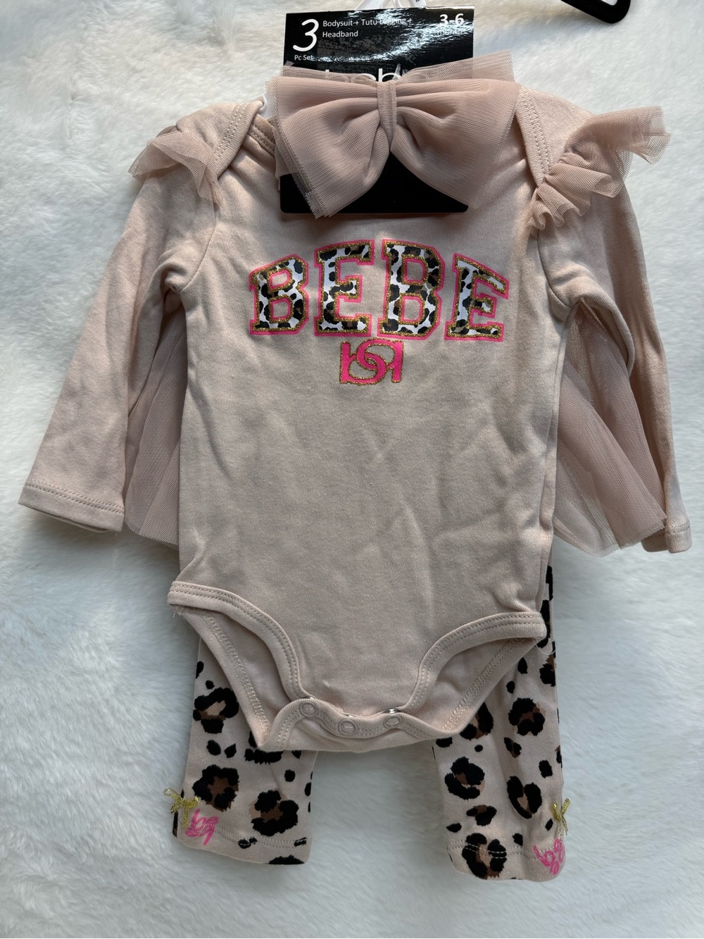 bebe Pink Tulle-Sleeve Bodysuit Set with Leopard-Print Leggings & Bow